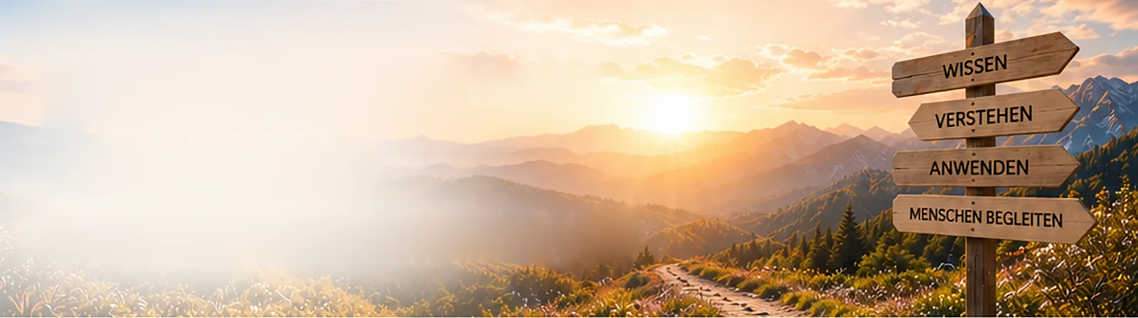 Bergpanorama im Morgenlicht mit einem hölzernen Wegweiser: WISSEN – VERSTEHEN – ANWENDEN – MENSCHEN BEGLEITEN