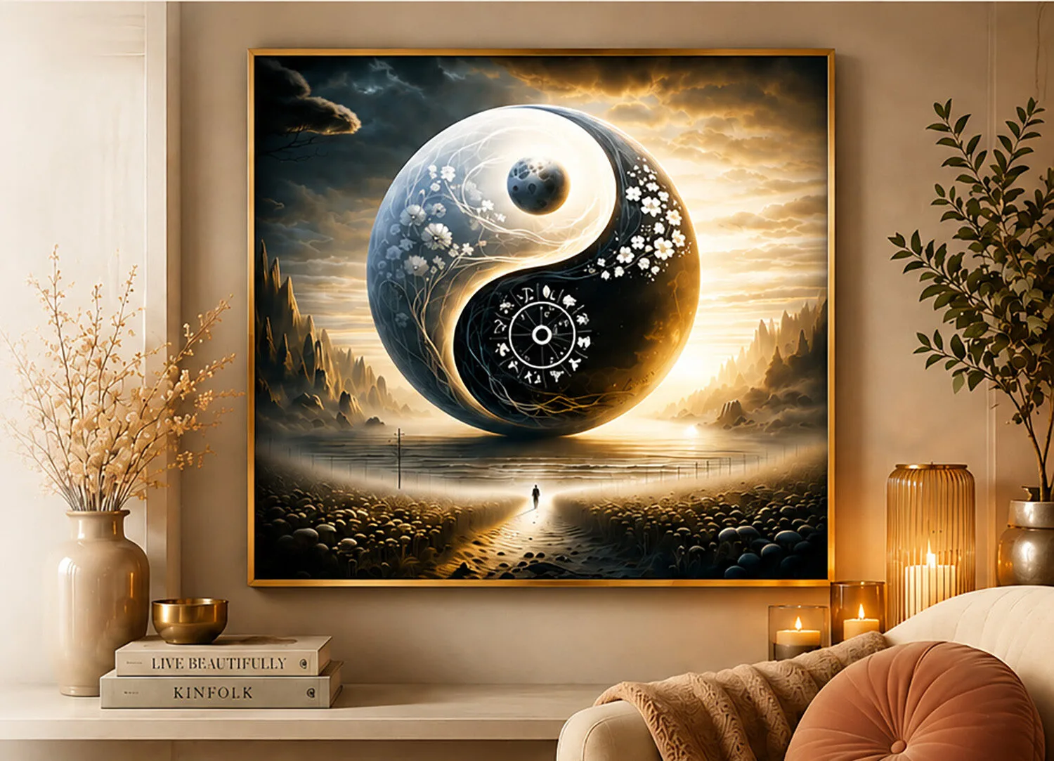 Living room with a framed yin-yang design horoscope.