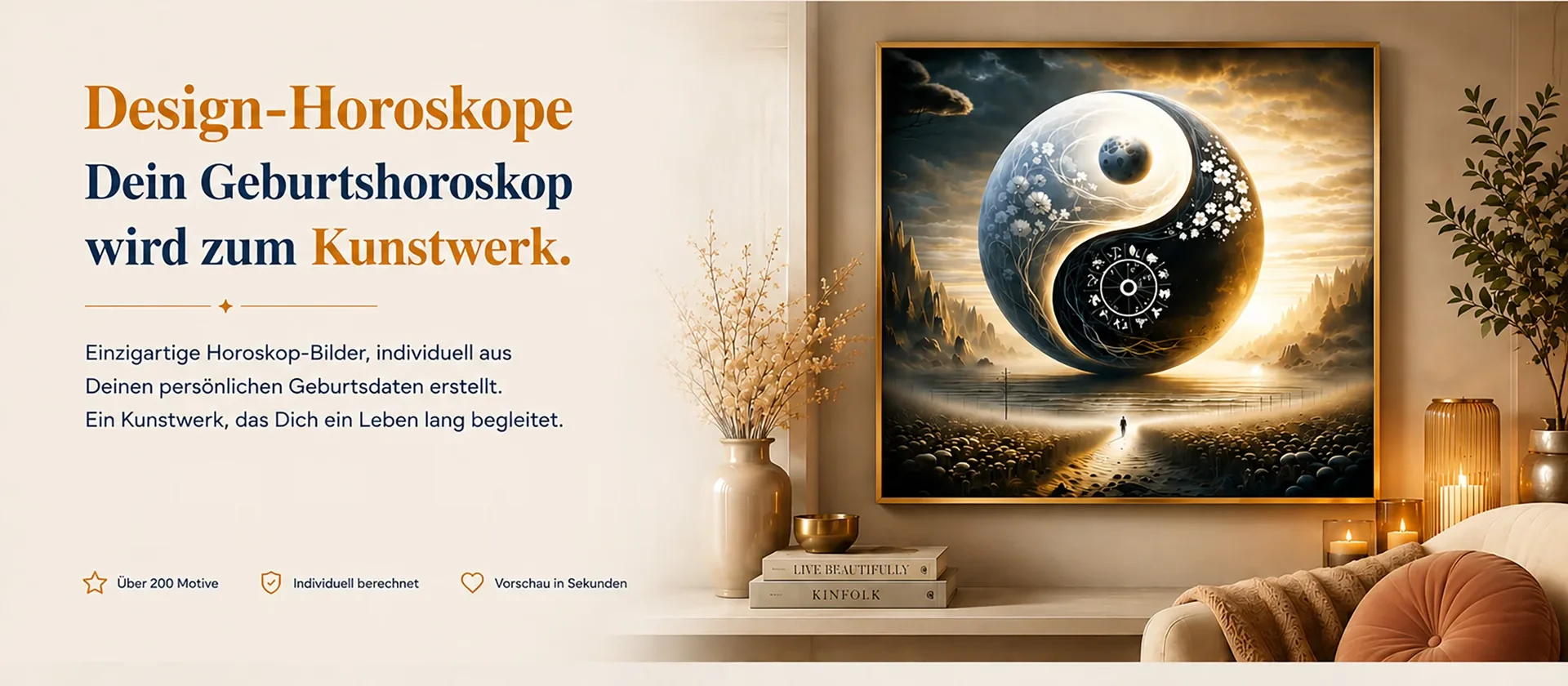 Design-Horoskope: Dein Geburtshoroskop wird zum Kunstwerk – Wohnzimmer mit gerahmtem Yin-Yang-Design-Horoskop.