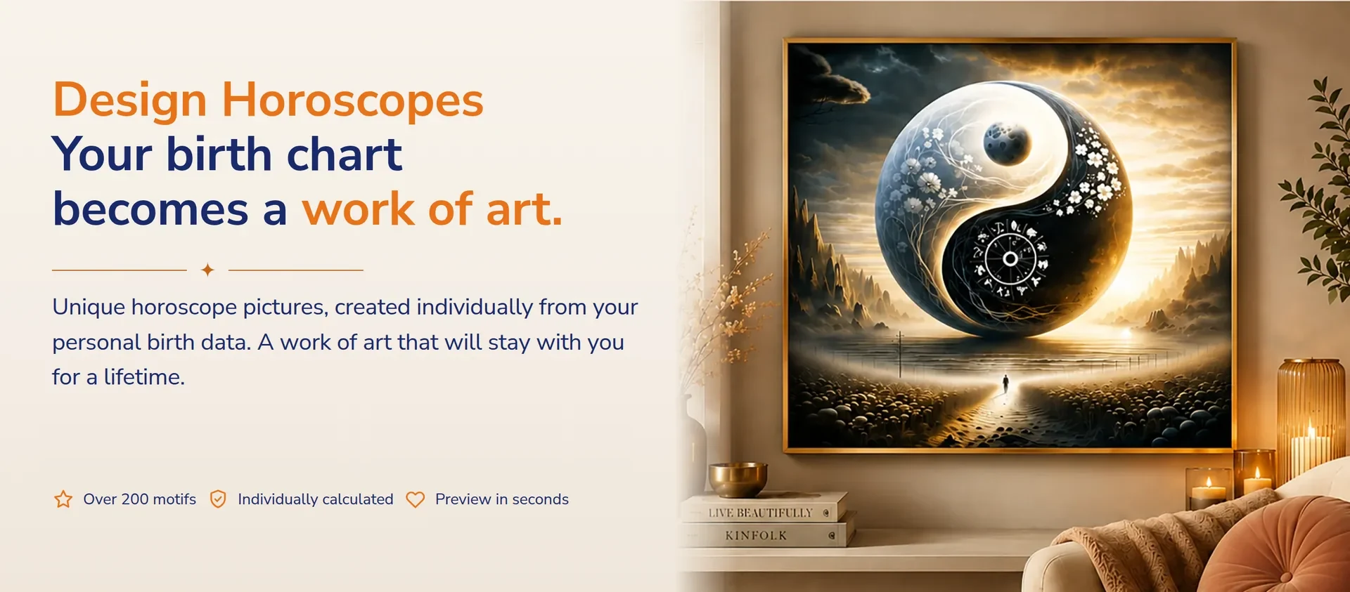 Design Horoscopes: your birth chart becomes a work of art – living room with a framed yin-yang design horoscope.