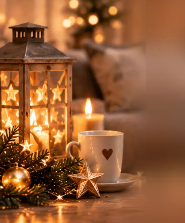 Laterne mit Sternen, Kerze und Tasse mit Herz im weihnachtlichen Licht