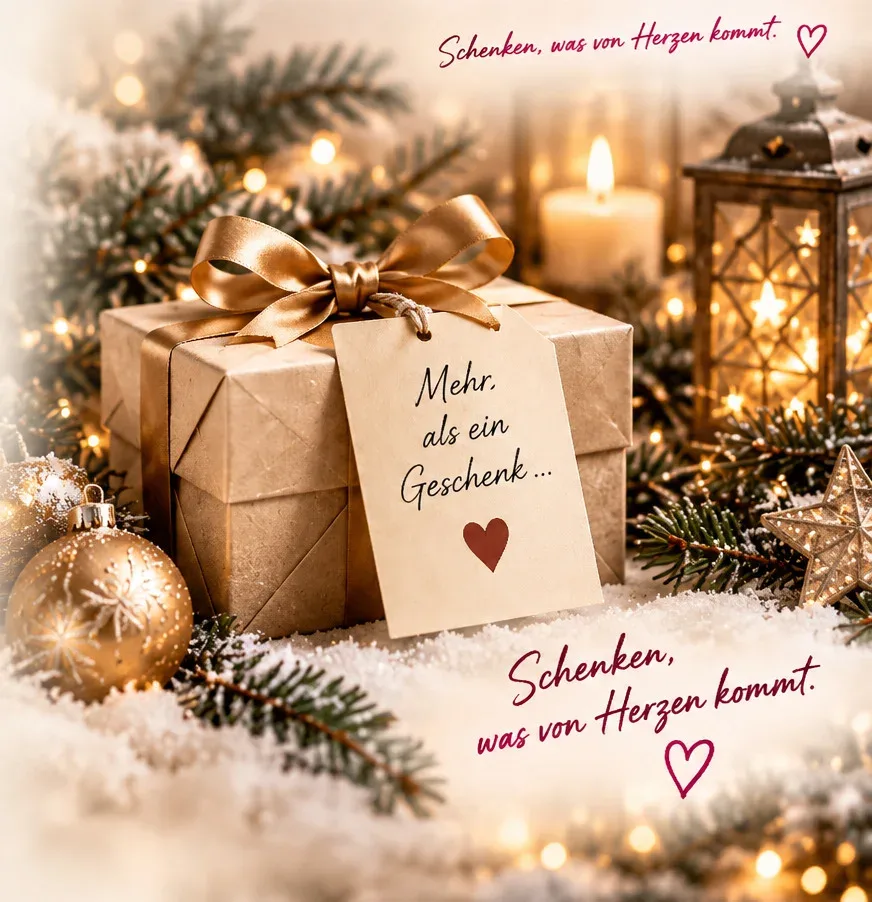 Geschenk mit goldener Schleife und Anhänger „Mehr als ein Geschenk …“ im Kerzenschein