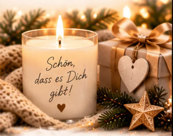 Kerze mit der Aufschrift „Schön, dass es Dich gibt!“ neben Geschenken