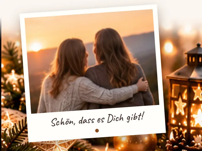 Polaroid-Foto zweier Freundinnen im Sonnenuntergang, darunter „Schön, dass es Dich gibt!“