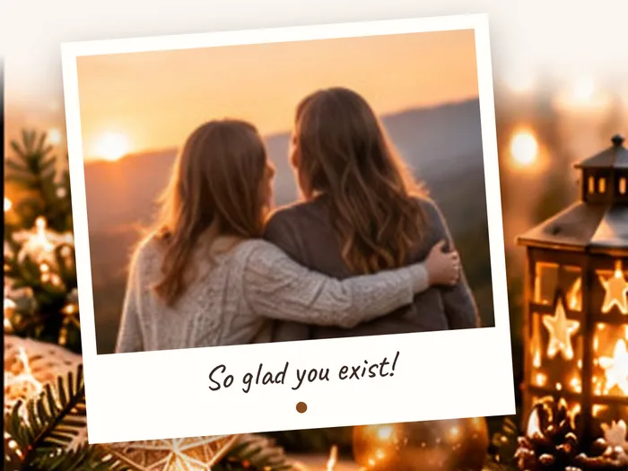 Polaroid photo of two friends at sunset, captioned “So glad you exist!”
