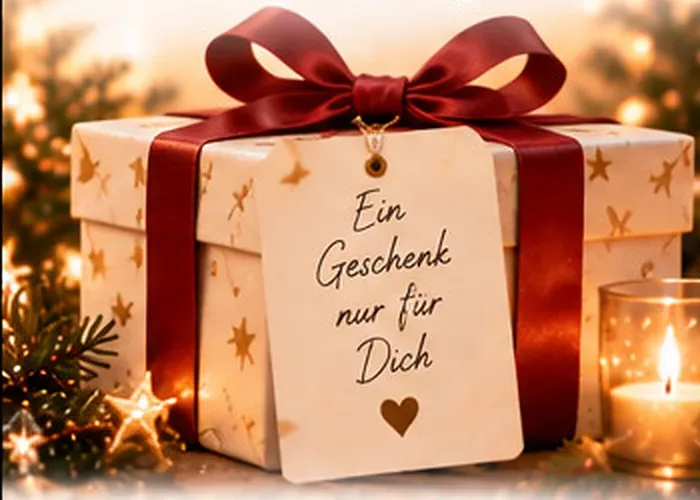 Geschenk mit roter Schleife und Anhänger „Ein Geschenk nur für Dich“