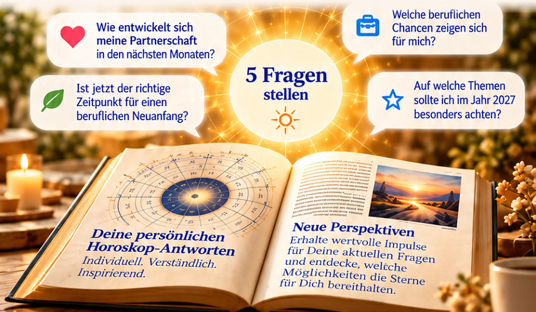 Open book with a horoscope and personal horoscope answers, above it speech bubbles with example questions around the sun “Ask 5 questions”