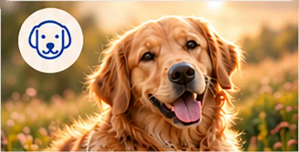 Golden Retriever auf einer Blumenwiese im Abendlicht